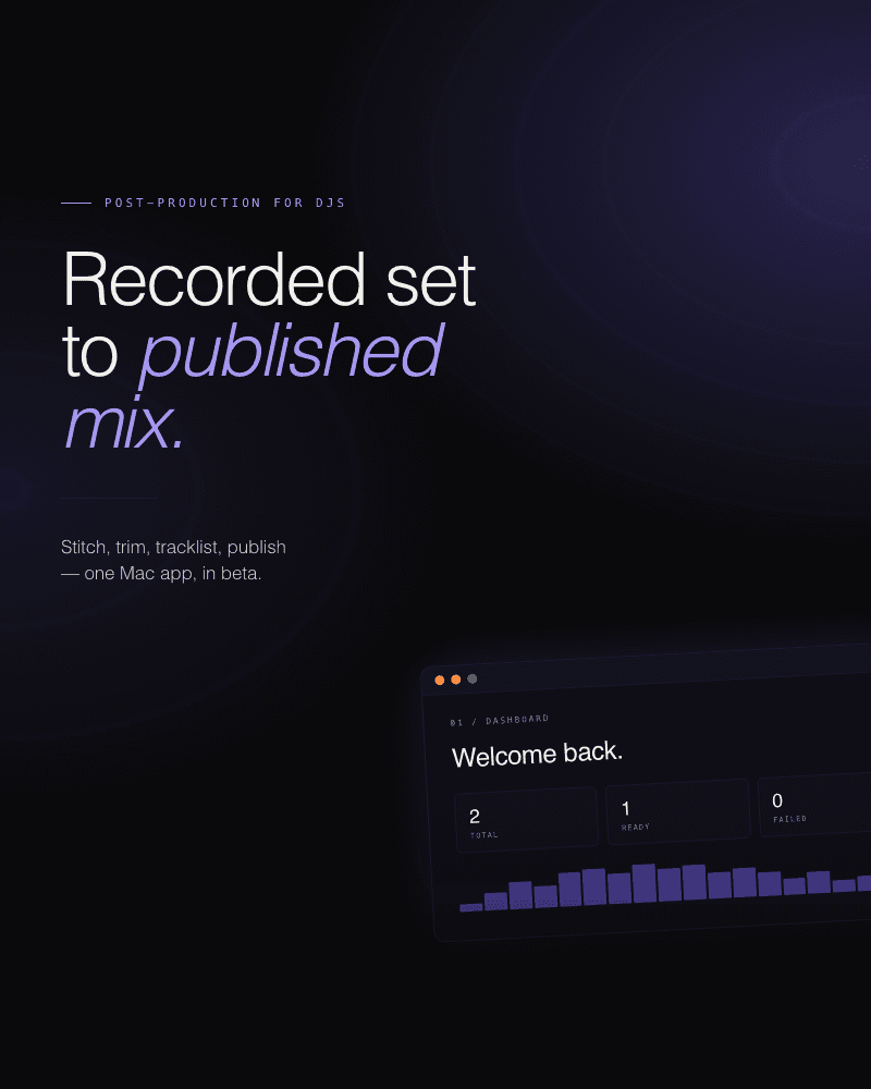 Mixva pillar tile — dark portrait graphic with the tagline "Recorded set to published mix." and a violet accent on "published mix."
